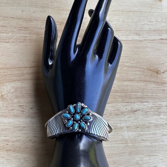 Vintage Navajo Stamped Tom Sterling Silver 9 Turquoise Cabs Cuff Bracelet Deco‎ - Picture 4 of 12